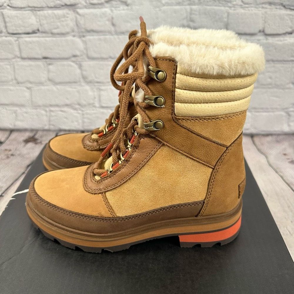 Sorel Women’s Lennox Lace Up Cozy Stacked Boot Waterproof Faux Fur Tan & Red NEW - Picture 4 of 8